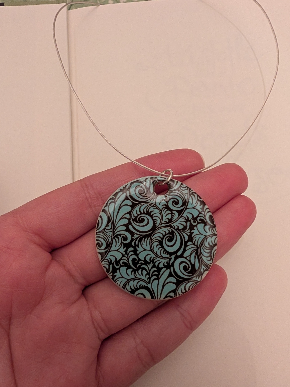 Porcelain Pottery Elegant Turquoise & Black Floral Pendant Necklace